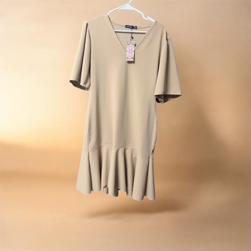 Boohoo Tan Flared Hem Dress